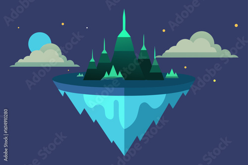 Surreal floating island with crystalline structures and moonlit sky