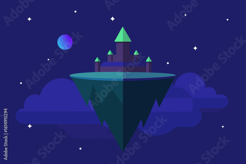 Fantasy floating island castle in a starry night sky with a planet