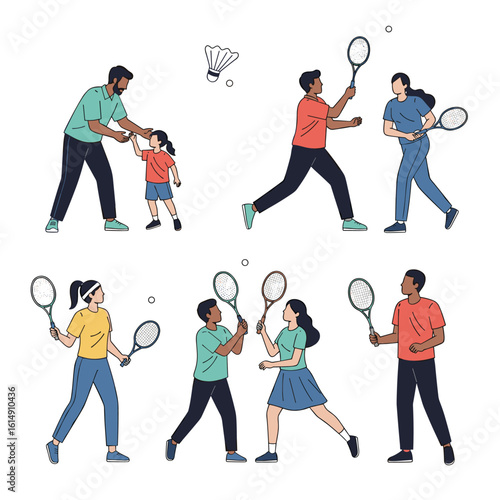 People of diverse ages and ethnicities enjoying a game of badminton outdoors on a sunny day together