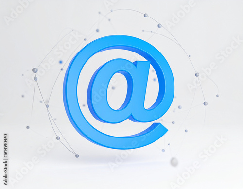 A prominent, vibrant 3D blue "@" (at) symbol with subtle reflections, surrounded by a faint, abstract network of connected dots on a clean white background. Represents communication or internet.