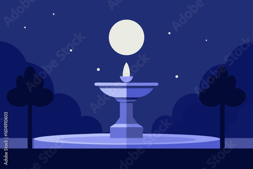 Tranquil fountain under a full moon at night with silhouetted trees