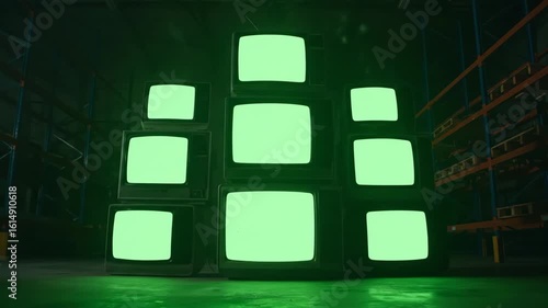 Vintage TV Stack in Warehouse with Green Screen, Retro Television Stack in Industrial Setting With Green and White Screens