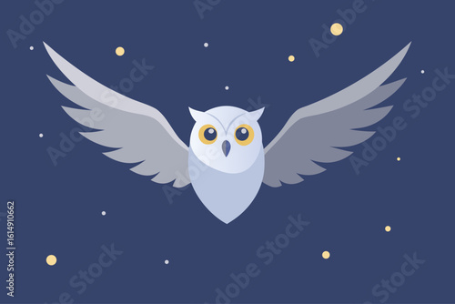 Cute white owl with wings spread wide flying through the night sky