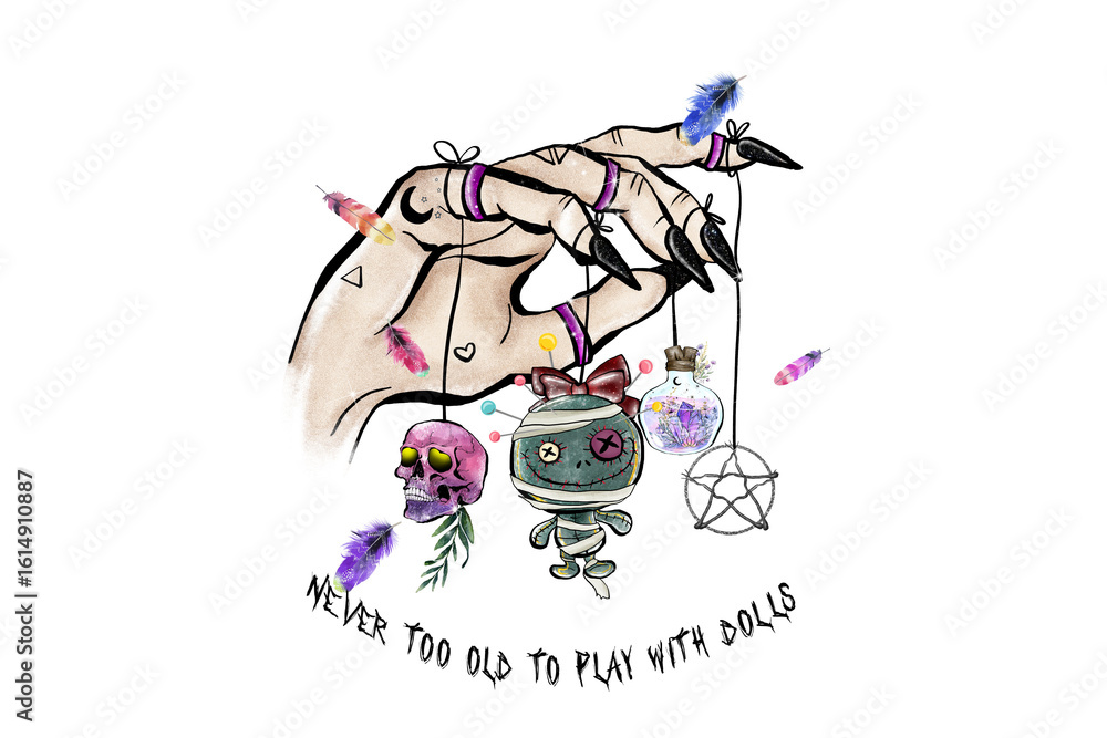 Fototapeta premium Never Too Old to Play with Dolls – A surreal hand manipulates voodoo dolls with a skull and pentagram, Halloween Sublimation Design