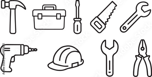 Construction Tools Line Icons Set – Hammer, Drill, Wrench, Pliers, Helmet, Toolbox