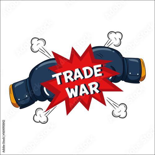 Trade war, aggressive boxing gloves with explosive symbol representing intense economic conflict between powerful nations in vector artwork