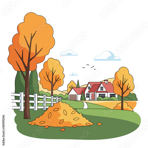 Autumnal landscape scene featuring a cozy home surrounded by vibrant fall foliage and a generous pile of leaves ready for yard work