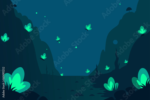 Enchanted forest at night with glowing plants and fireflies