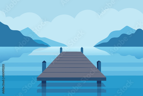 Wooden pier extending into a calm lake with distant mountains and clouds