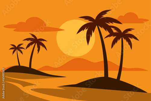 Tropical island sunset with palm trees and ocean view