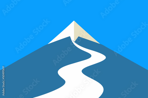 Stylized mountain peak with a winding white path leading upwards against a clear blue sky