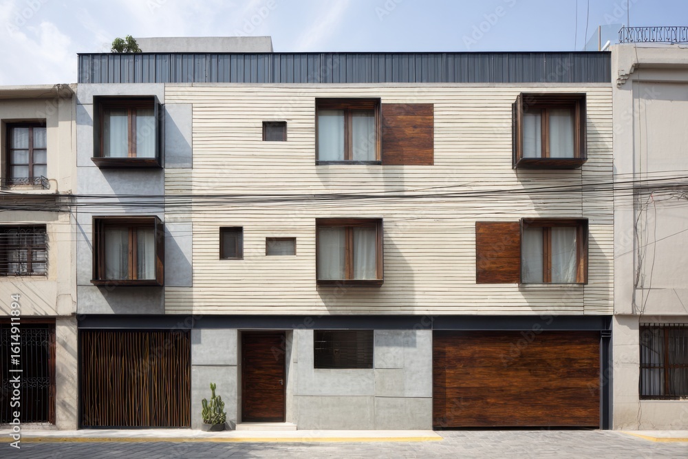 Modern architecture showcases a blend of materials and textures in a residential building located in a vibrant urban neighborhood during daytime Modern architecture showcases a blend of materials and textures in a residential building located in a vibrant urban neighborhood during daytime