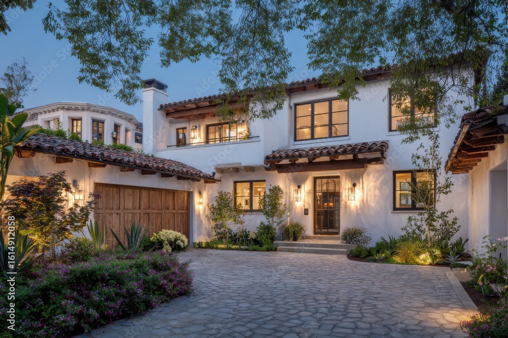 Fototapeta premium Beautiful modern coastal house with elegant architecture and lush landscaping lit by soft evening glow in a serene neighborhood