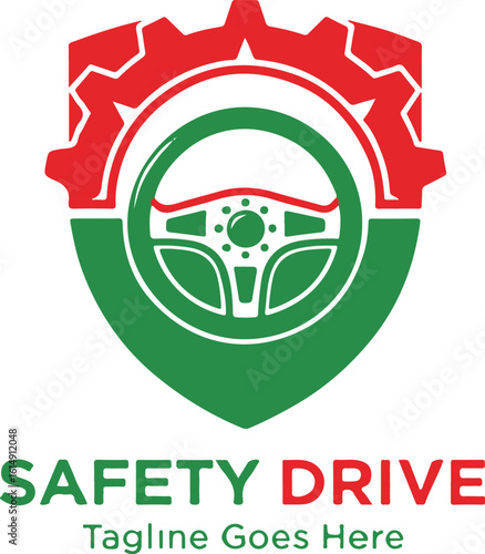 Automotive safety drive logo template. Vector design with a shield, steering wheel, and gear icon for a driving school or car safety company. Text "Safety Drive" with space for a tagline.