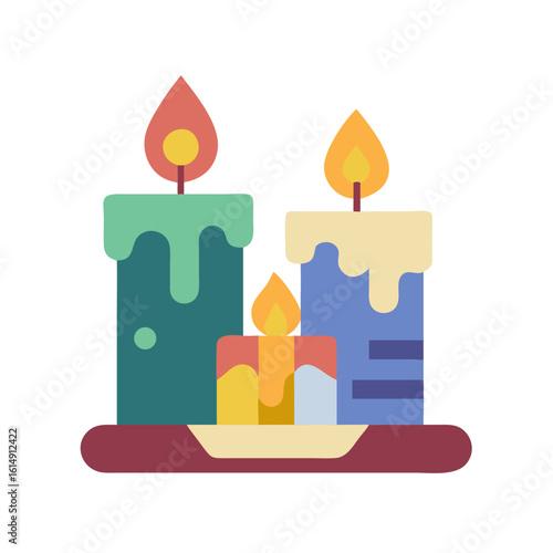 Colorful decorative candles with melting wax on a tray  