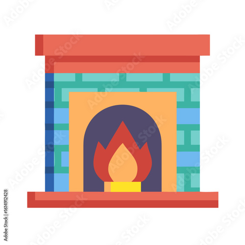 Modern fireplace with colorful bricks and flame illustration  