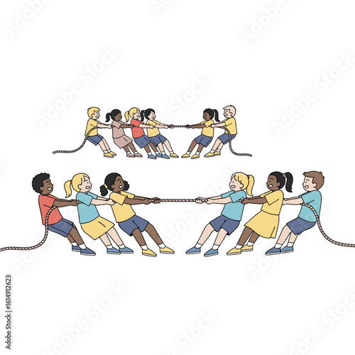 Children playing a vigorous game of tug of war showing teamwork and competition
