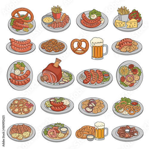 Delicious traditional german sausage and pork dishes with beer and pretzels feast presentation