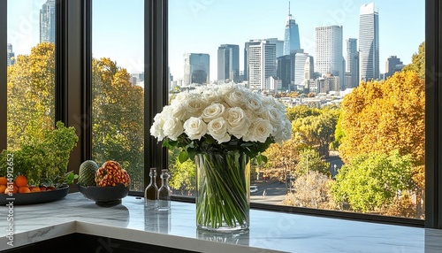 White roses in a vase sit on a marble countertop with skyline view. Ideal for backgrounds, interior design or celebrating special moments.