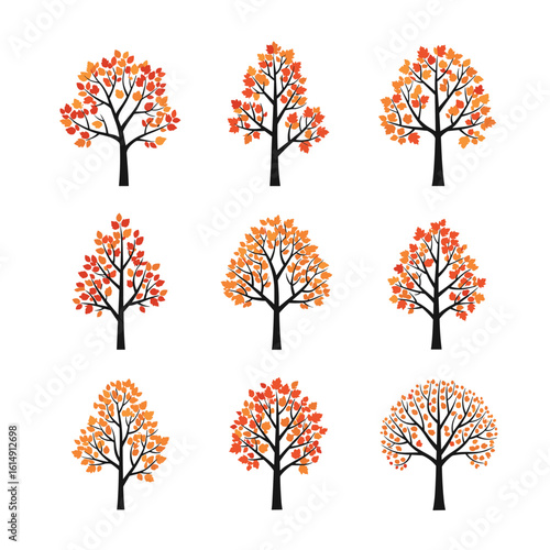 Collection of stylized autumn trees with colorful foliage and bare branches showcasing seasonal changes in nature