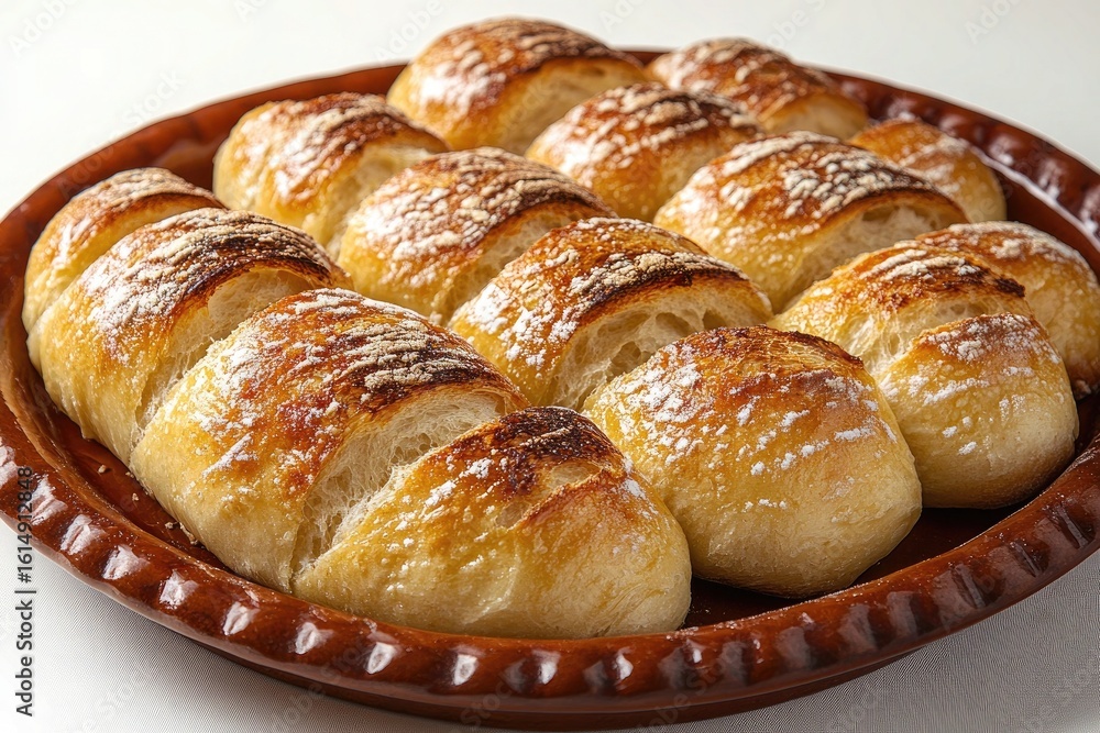 Golden brown rolls sprinkled with powdered sugar on a brown ceramic plate. Use this image for food blogs, baking recipes, or breakfast promotions. Golden brown rolls sprinkled with powdered sugar on a brown ceramic plate. Use this image for food blogs, baking recipes, or breakfast promotions.
