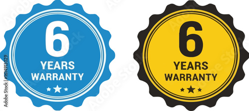 Set of two '6 Years Warranty' vector badges in blue and yellow, isolated