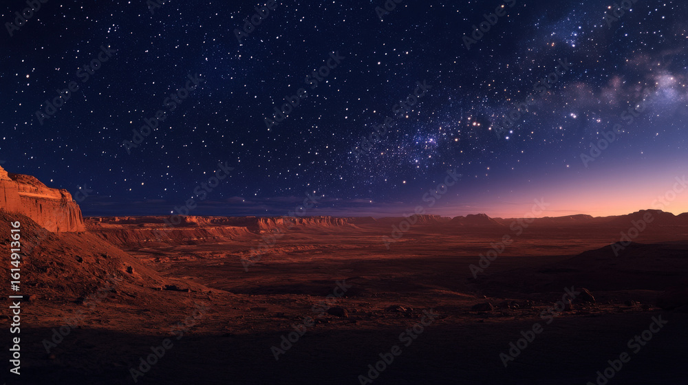 Obraz premium Starry night sky over red desert and mountains