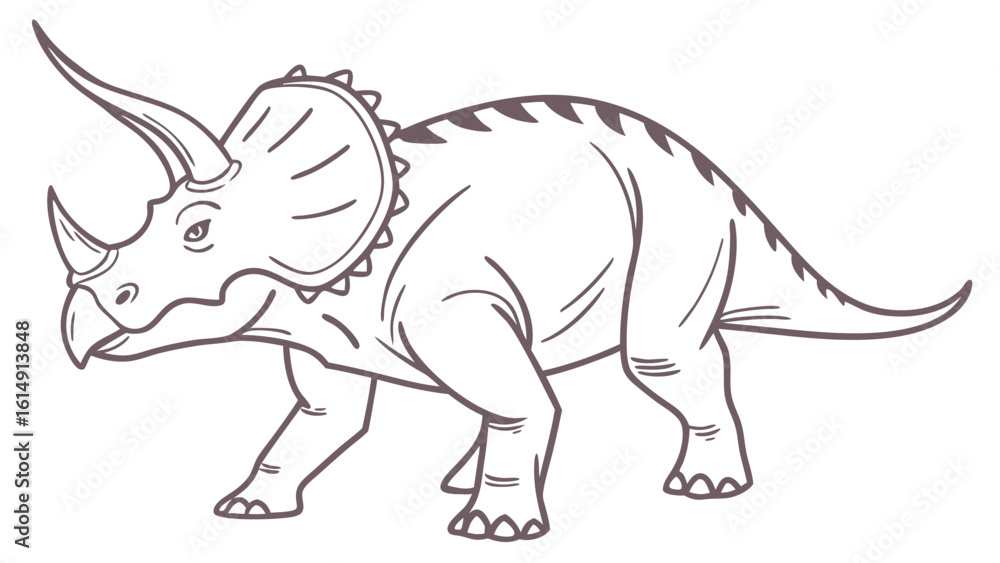 Fototapeta premium A simple line drawing of a triceratops dinosaur with a large frill and three horns on a white background