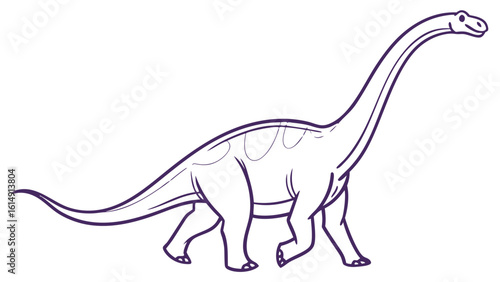 Charming cartoon outline of a brontosaurus dinosaur with a long neck walking on a white background
