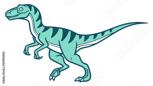 Cute cartoon velociraptor dinosaur with teal and dark blue stripes on a white background