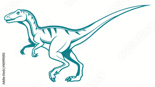 Stylized teal silhouette of a velociraptor dinosaur in a dynamic pose on a white background