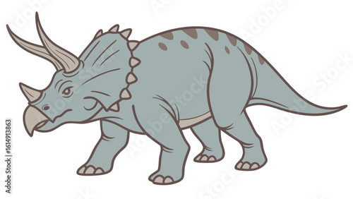 Cute cartoon triceratops dinosaur with horns and frill walking on white background