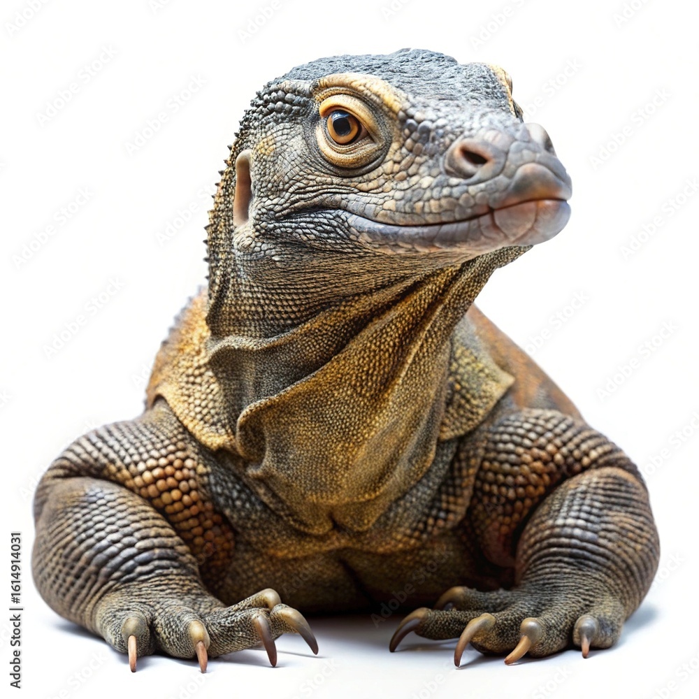 Obraz premium Magnificent Komodo Dragon Portrait on White Background, a Reptilian Masterpiece