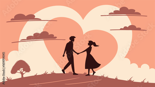 Couple holding hands walking on a hill with a large heart shape in the background and clouds