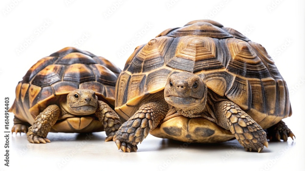 Obraz premium Two African Spurred Tortoises with intricately patterned shells, walking on white background