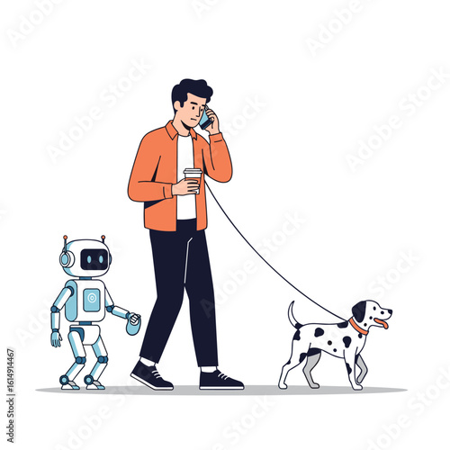 A man walks his dog while talking on the phone with a robot companion beside them