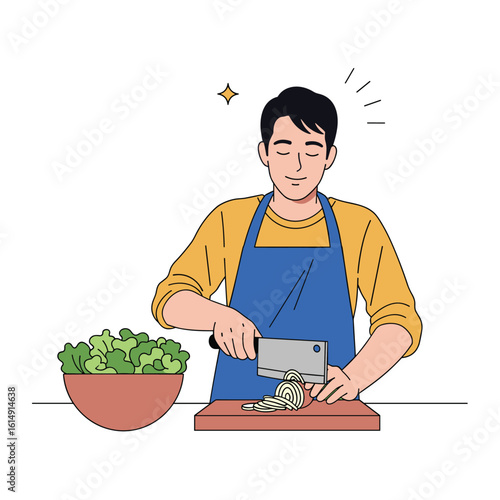 A chef skillfully prepares fresh ingredients for a healthy meal in a modern kitchen environment