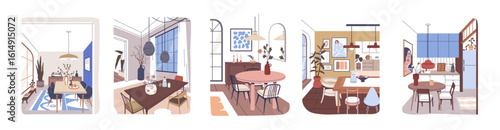 Dining room and kitchen interiors set. Modern home spaces with dinner table, chairs, lamps, vase, plant, cozy decoration, trendy furniture. Flat vector illustrations isolated on white background