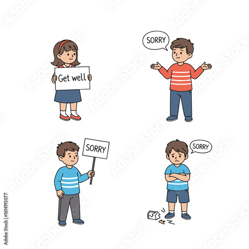 Four children expressing apologies and well wishes through signs and words
