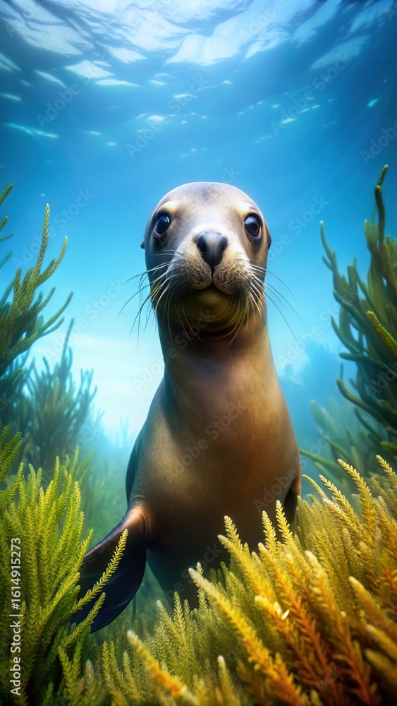 Fototapeta premium Curious Sea Lion Posing Underwater among Sea Grass in Bright Blue Ocean