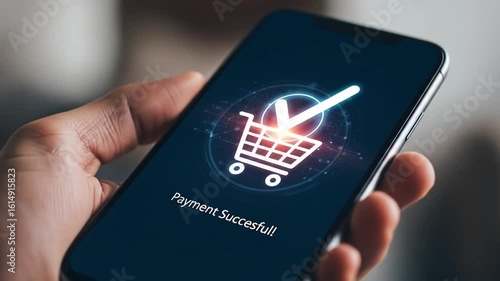 Seamless mobile payments experience: Close-up of a smartphone screen displaying a payment success