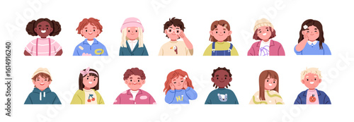 Kids portraits set. Happy kindergarten children faces with smiling expressions. Preschool boys and girls, joyful cheerful emotions, cute look. Flat vector illustration isolated on white background
