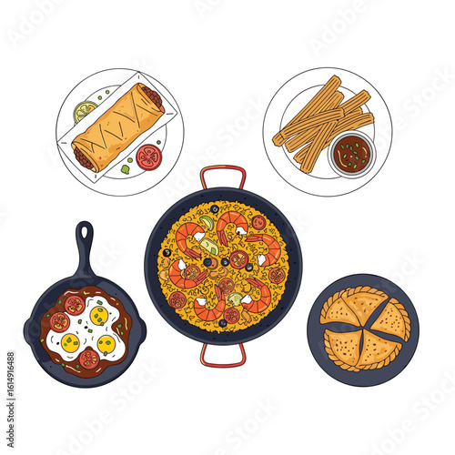 A collection of delicious food items including paella fried eggs and chimichangas presented on plates