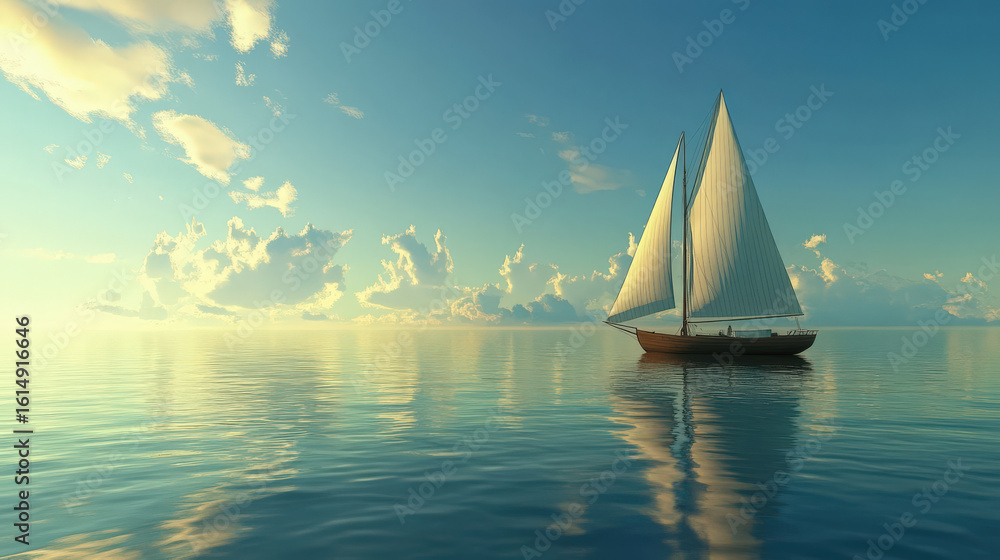 Fototapeta premium Peaceful sailboat at sunset on tranquil water