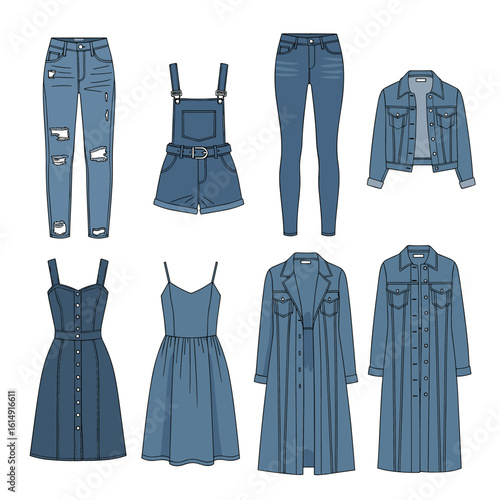 Collection of trendy denim outfits for modern wardrobes showcasing versatile jeans dresses overalls and jackets for everyday style