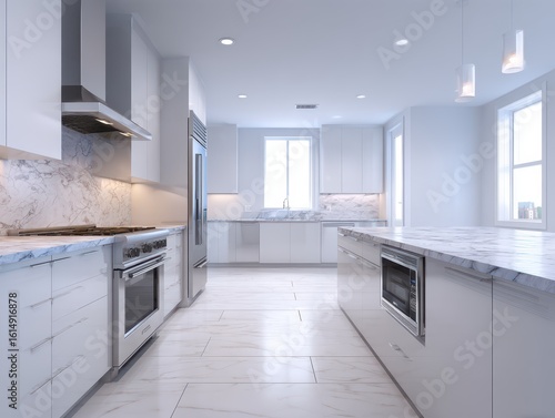 Wallpaper Mural Bright, modern kitchen with white cabinets, marble countertops, and tiled flooring Torontodigital.ca
