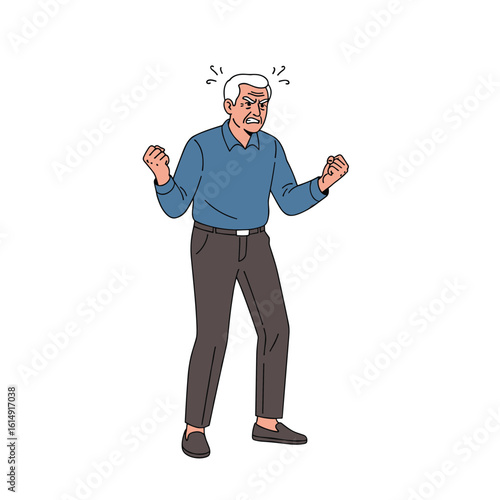 Elderly man experiencing dizziness and feeling unwell with arms raised in distress