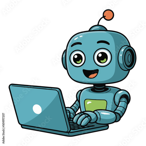 Funny green cartoon android character with a laptop for tech support