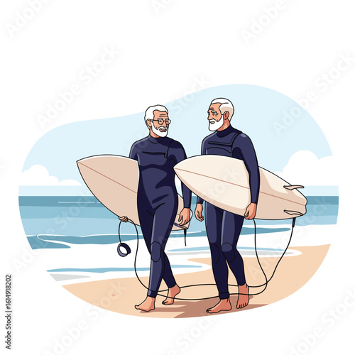 Two elderly surfers in wetsuits carrying surfboards on a sandy beach near the ocean