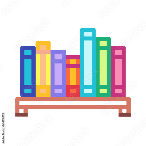 Colorful bookshelf with assorted books in playful design  